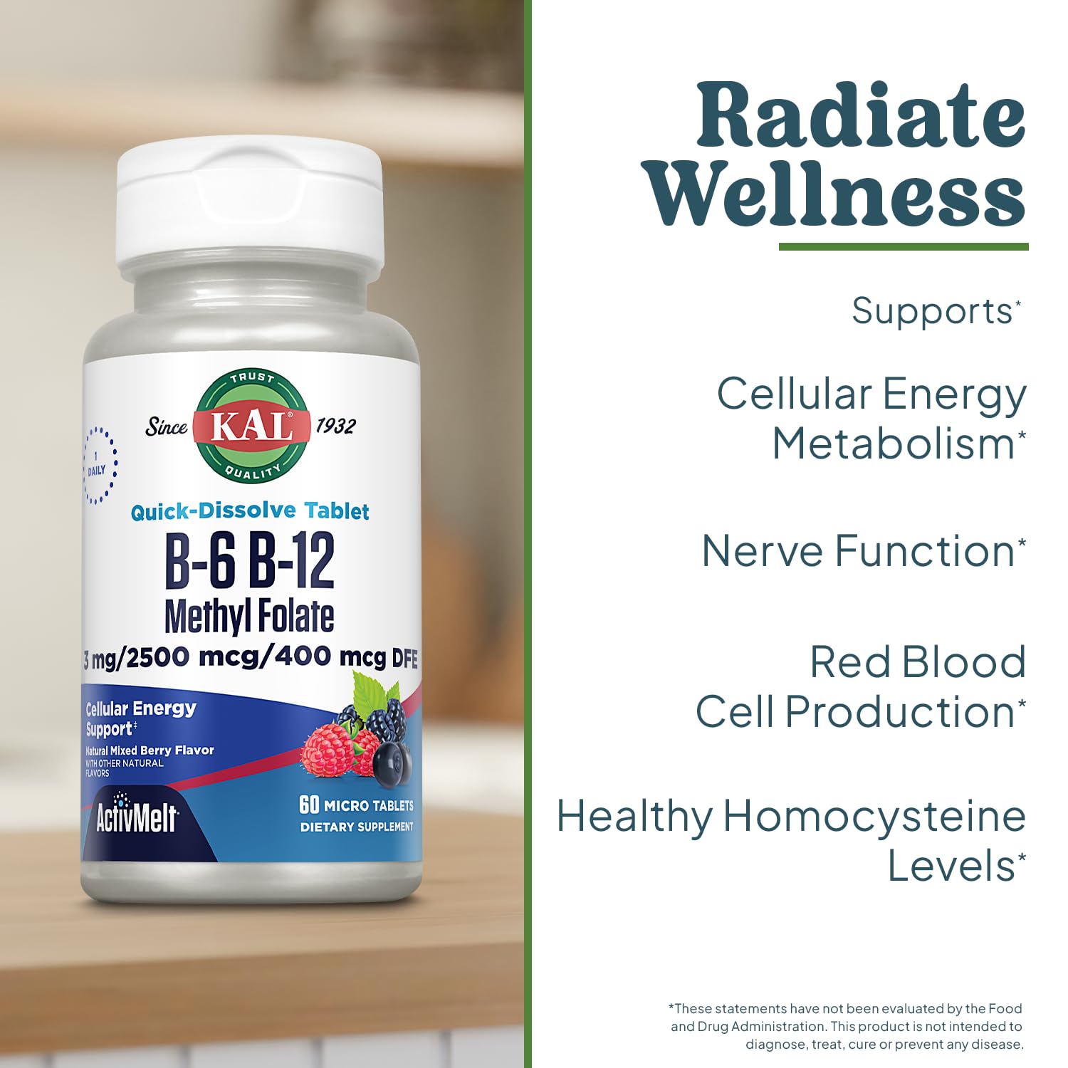 KAL Vitamin B6 B-12 Methyl Folate tablets highlighting coenzyme forms.