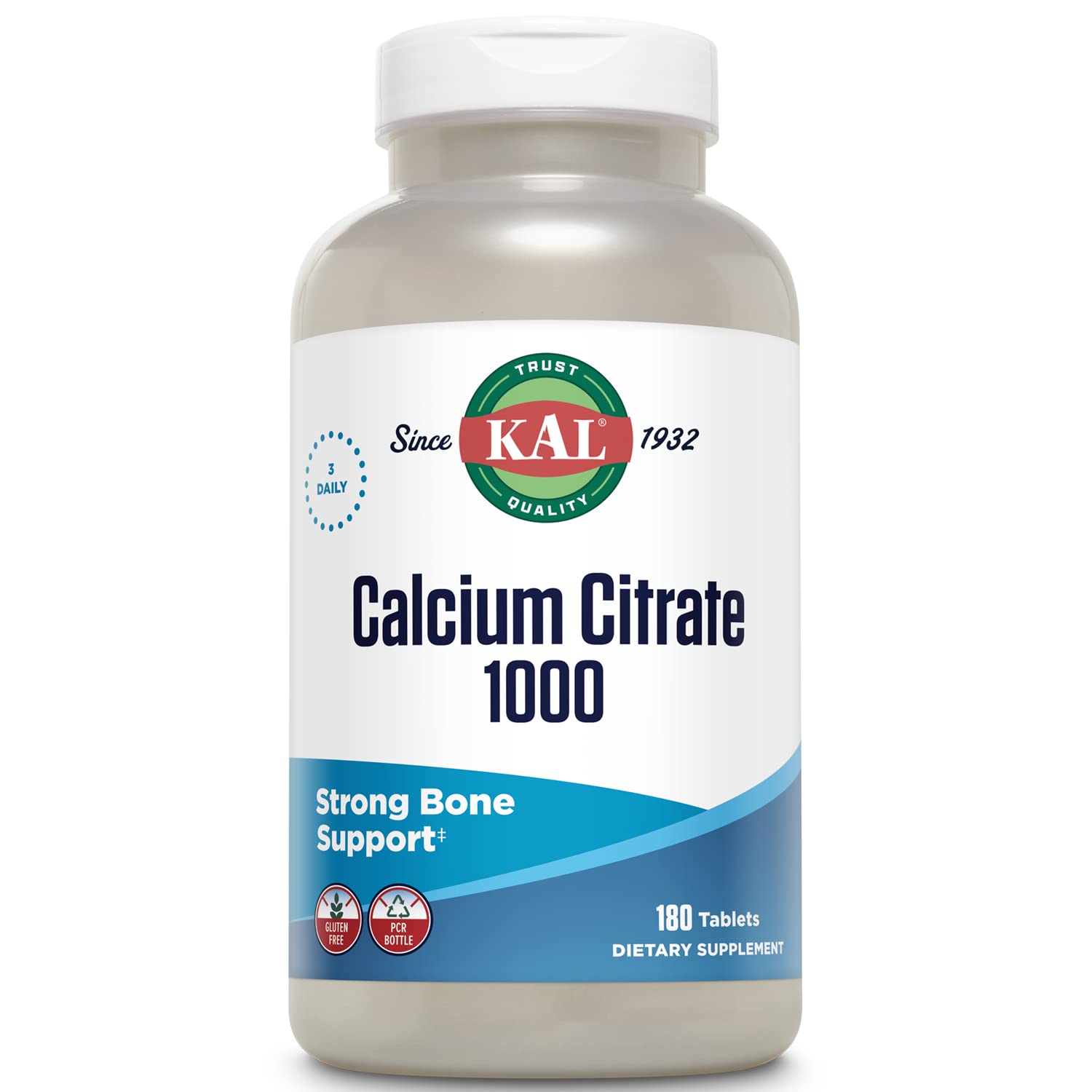KAL Calcium Citrate 1000mg bottle front showing gluten-free and lab-tested assurance for bone support.