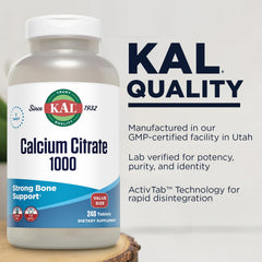 KAL Calcium Citrate 1000mg lab-tested pack emphasizing potency and purity