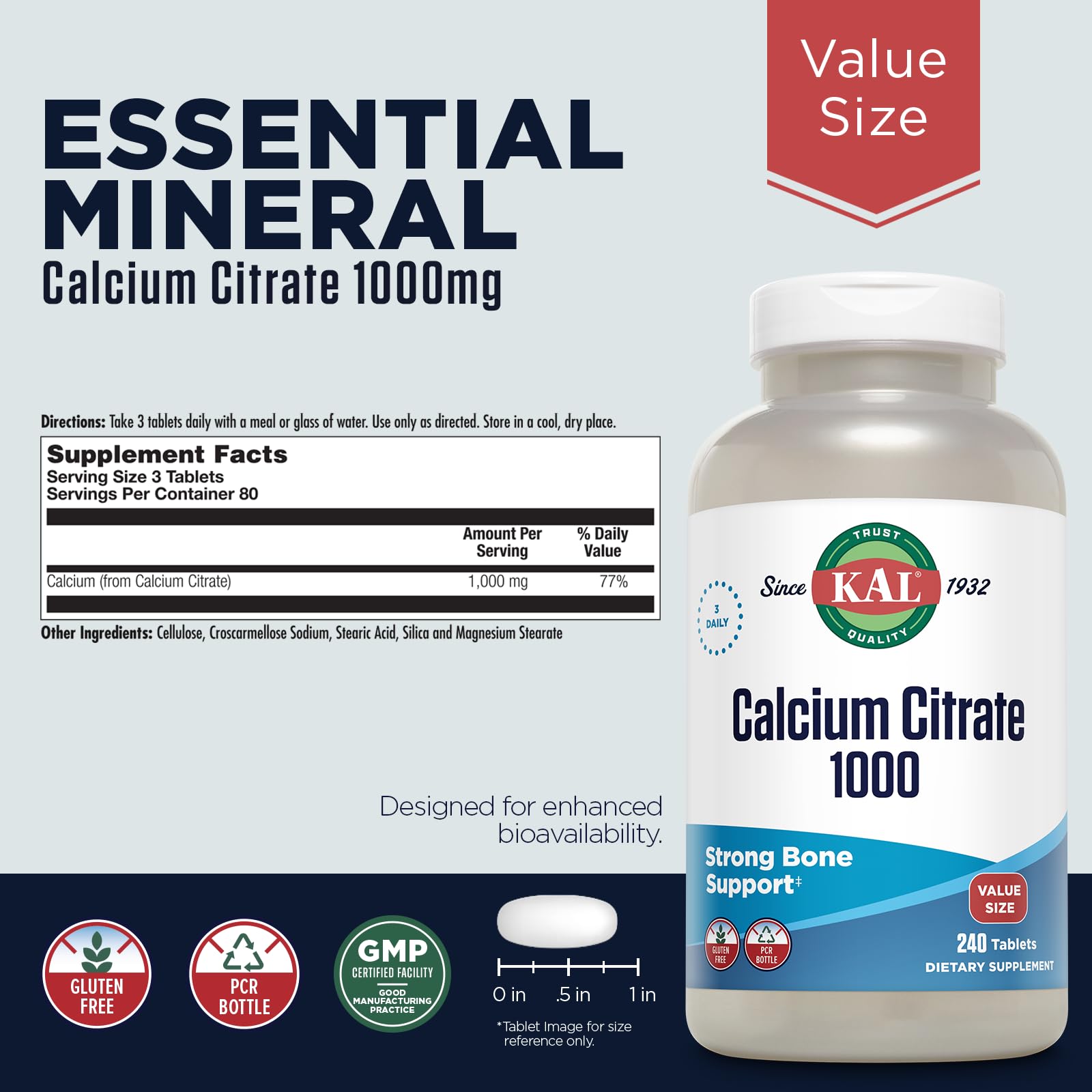 KAL Calcium Citrate 1000mg tablets closeup highlighting tablet texture and size
