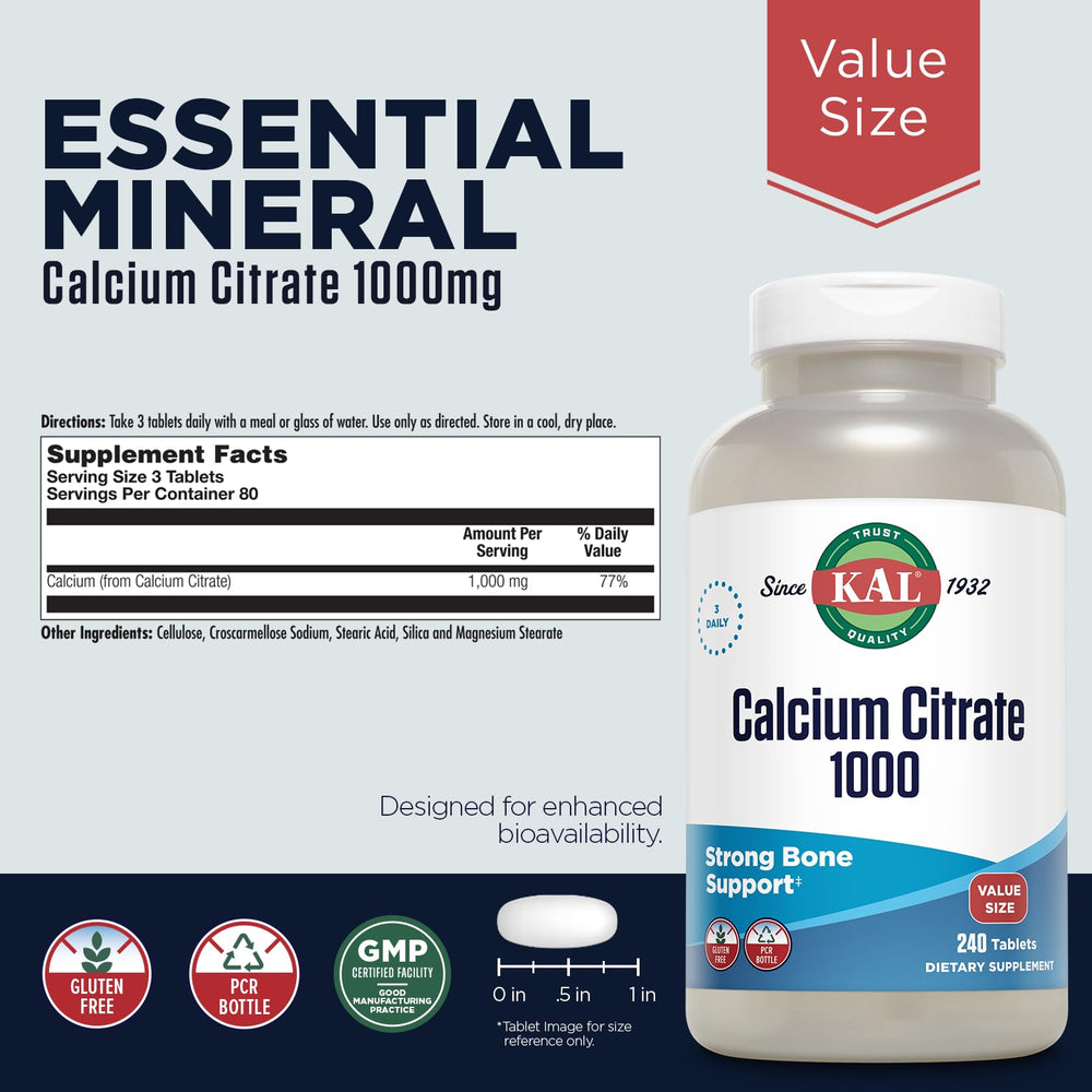 KAL Calcium Citrate 1000mg tablets closeup highlighting tablet texture and size