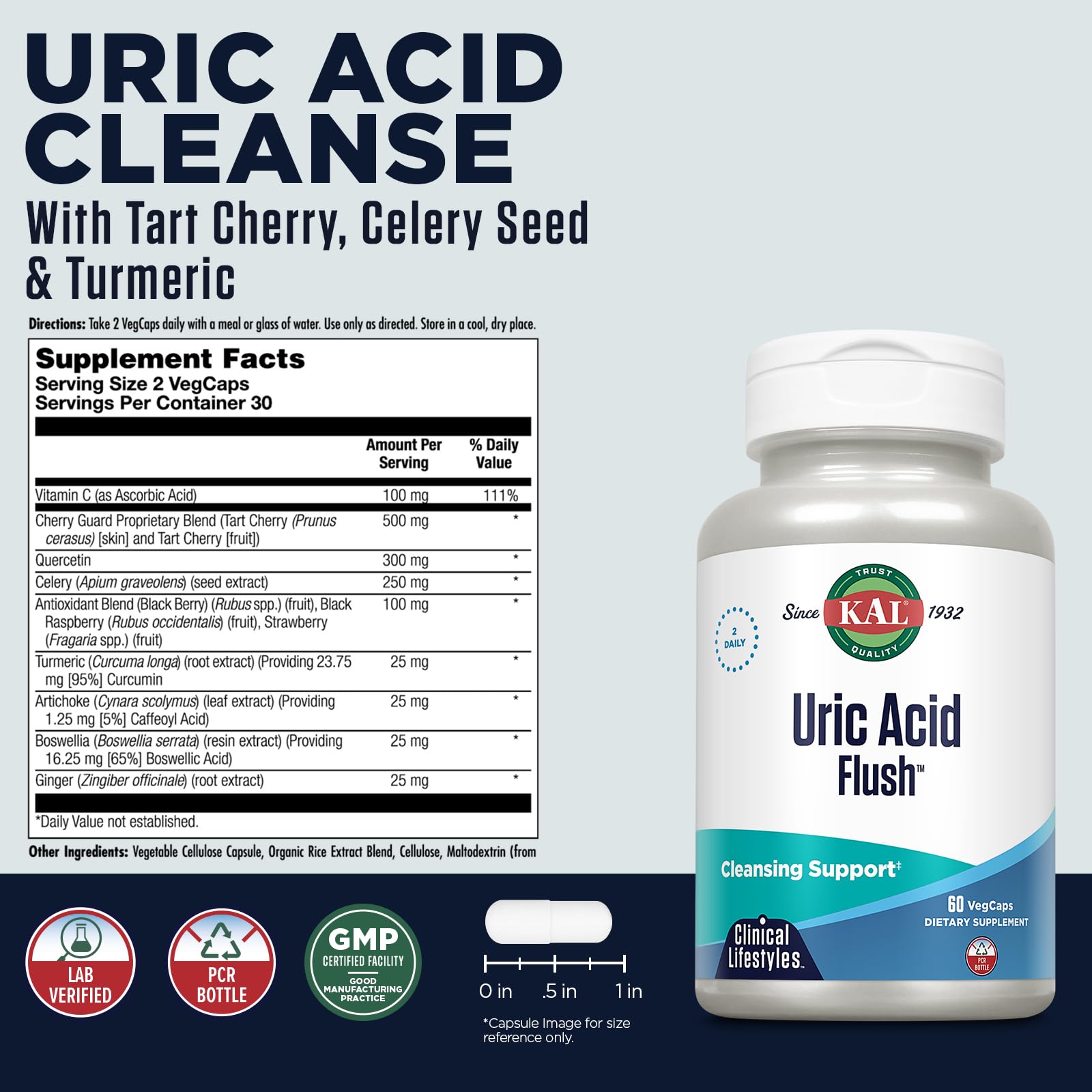 KAL Uric Acid Flush Celery Seed Extract capsule close-up for everyday wellness.