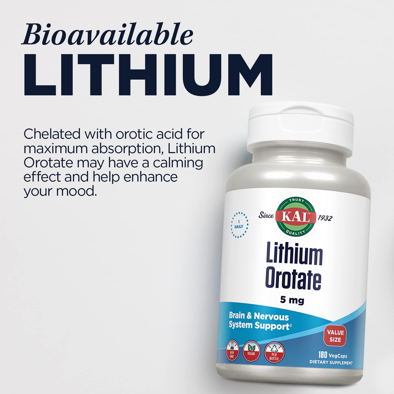 KAL 5mg bottle on shelf, convenient daily wellness addition.