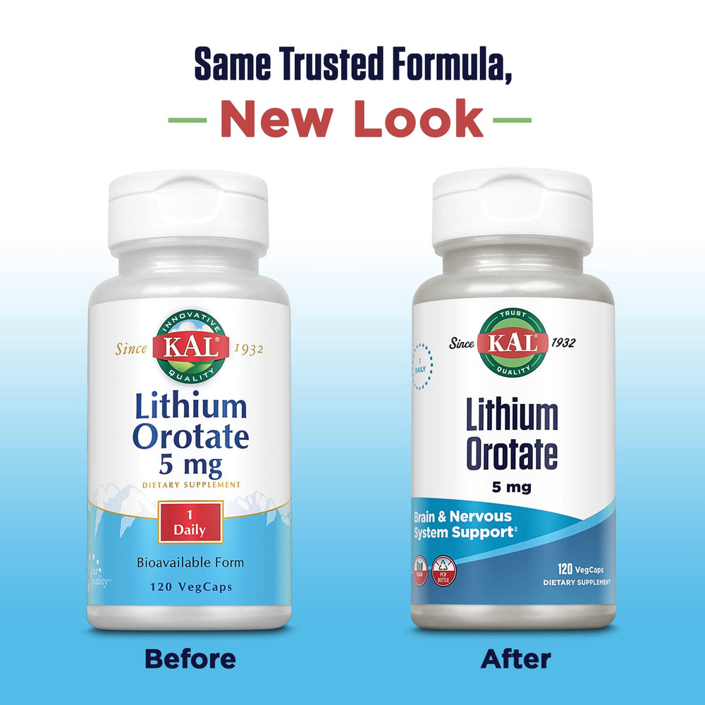 Organic rice bran base visible in KAL Lithium Orotate 5 mg formula.
