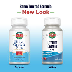 Organic rice bran base visible in KAL Lithium Orotate 5 mg formula.