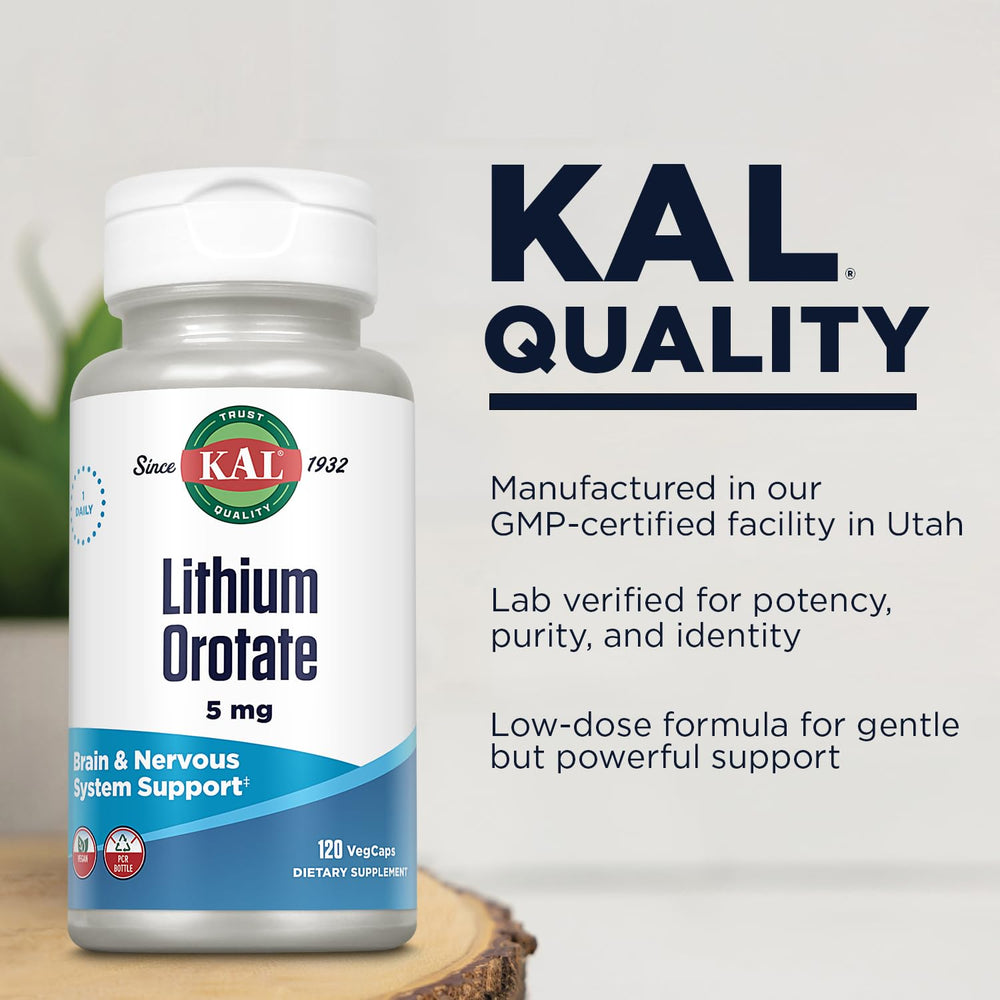 Eco-friendly PCR packaging emphasizes sustainable KAL Lithium Orotate 5 mg bottle.