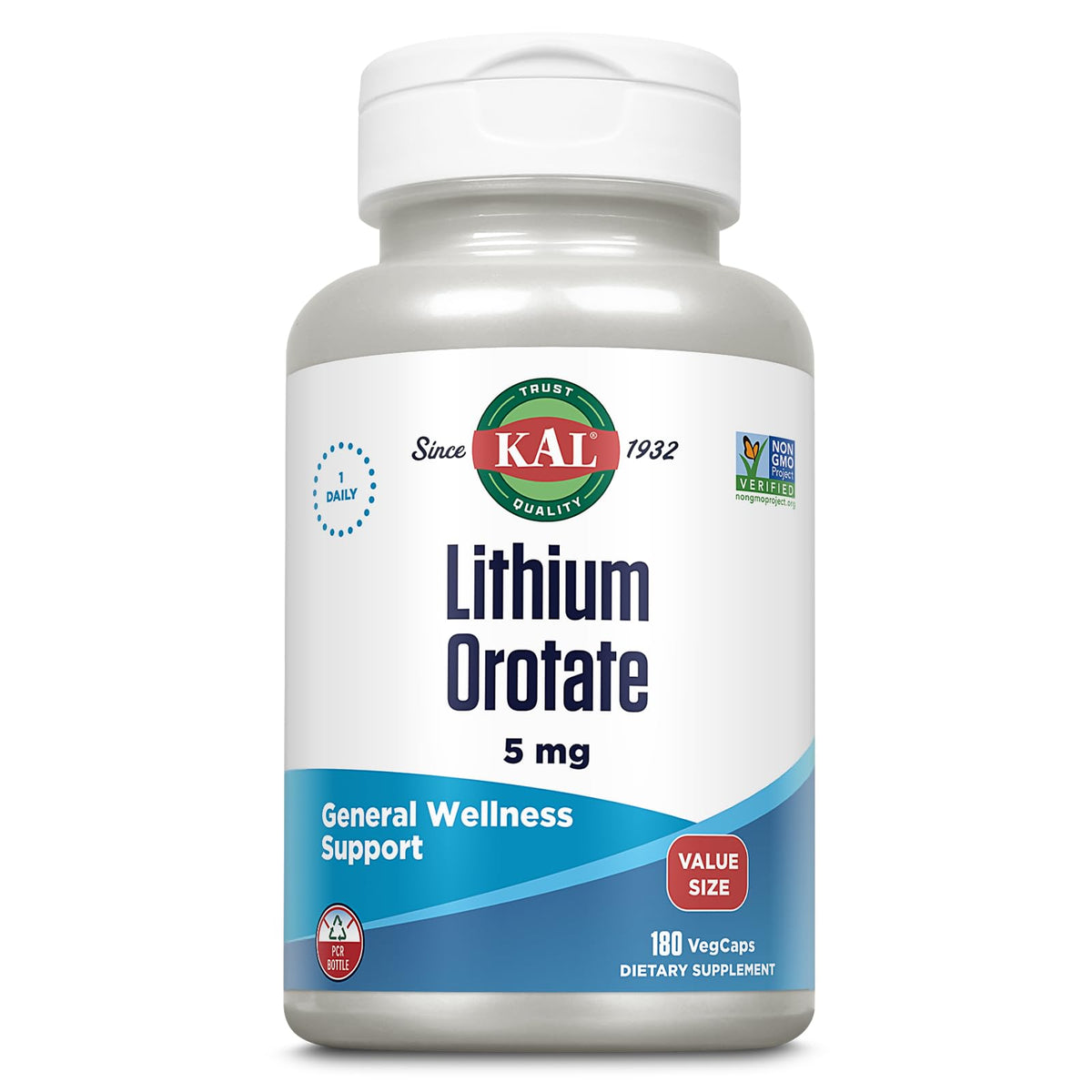 KAL Lithium Orotate 5mg VegCap bottle for daily mood support.