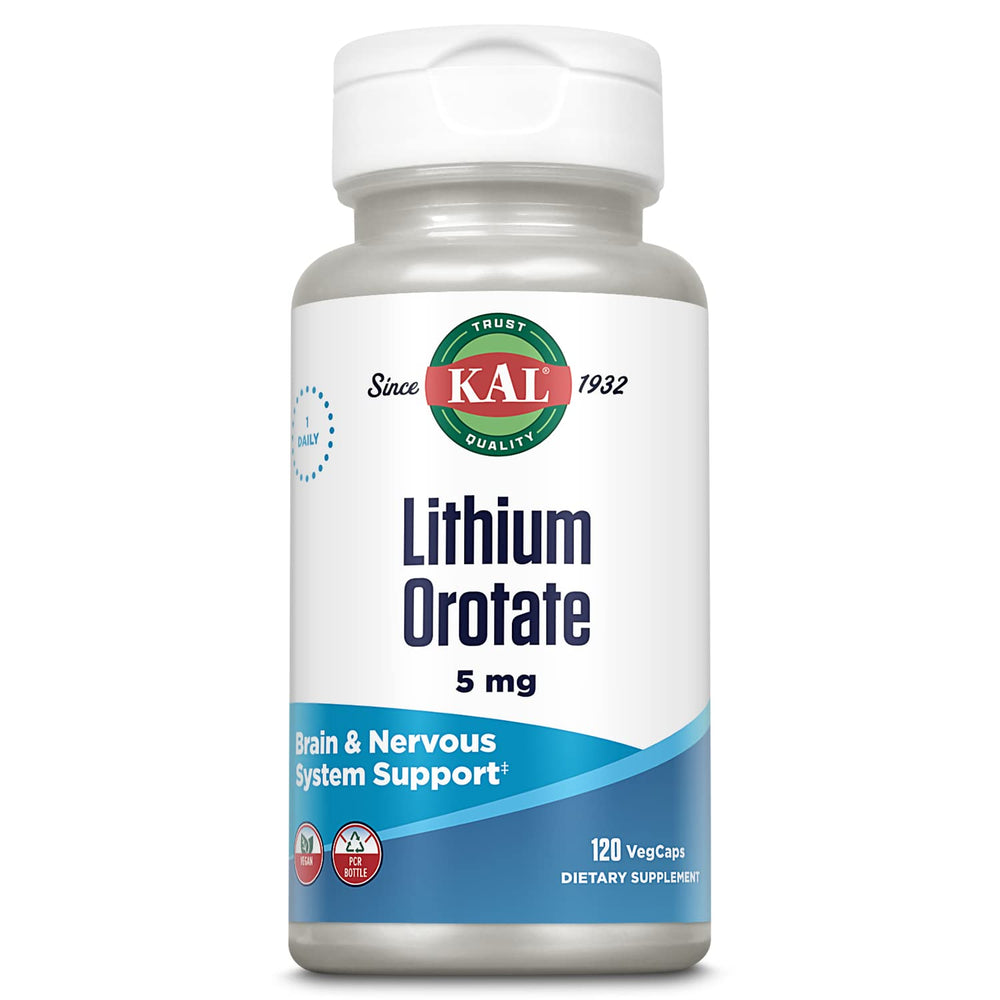 Vegan KAL Lithium Orotate 5 mg capsules set for everyday use.