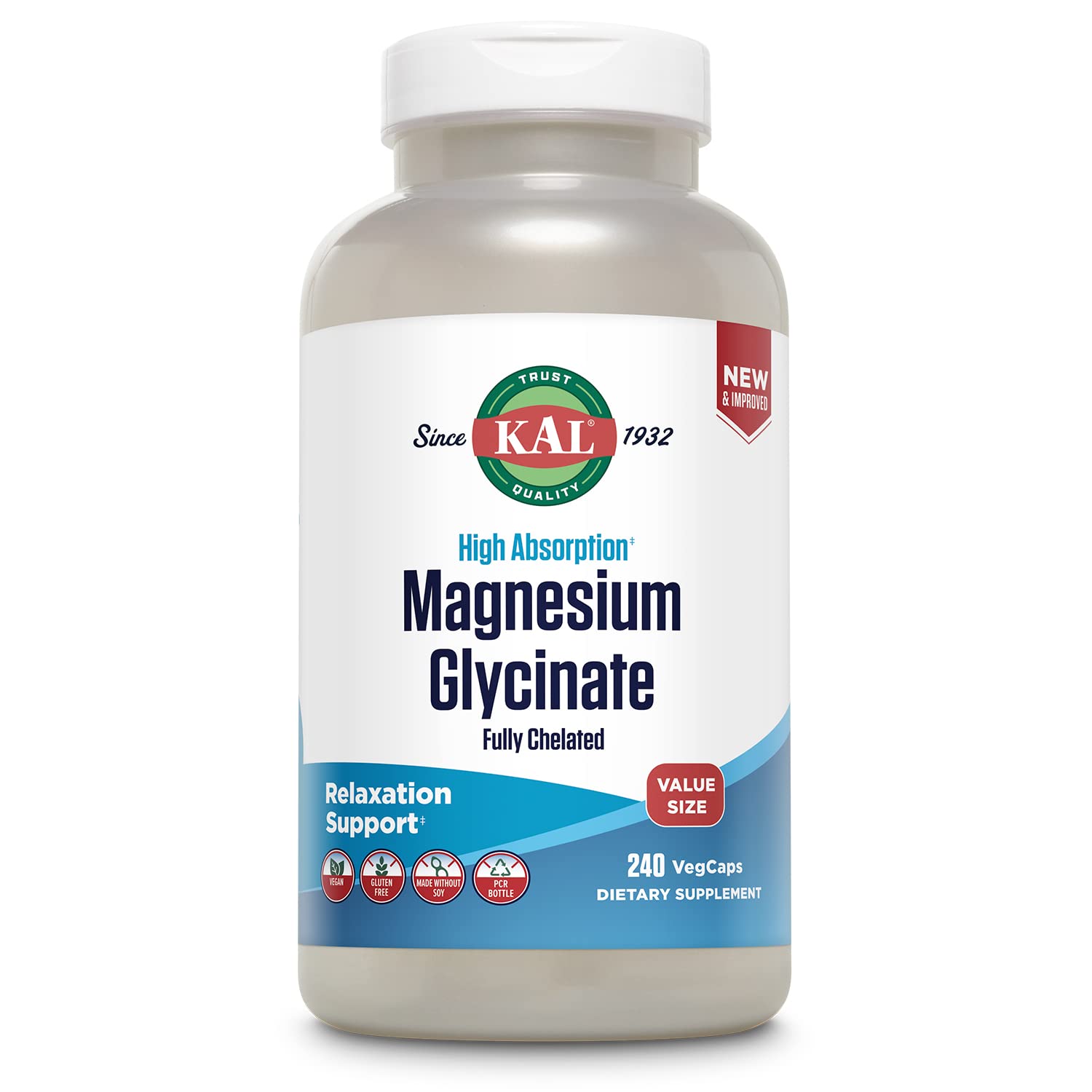 KAL magnesium glycinate bottle highlighting high-absorption formula with BioPerine.