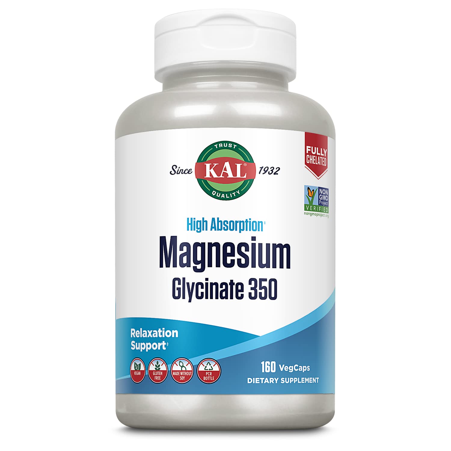 KAL Magnesium Glycinate capsules in bottle for daily bone and muscle support.