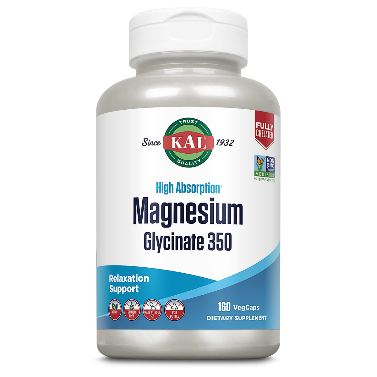 KAL Magnesium Glycinate capsules in bottle for daily bone and muscle support.