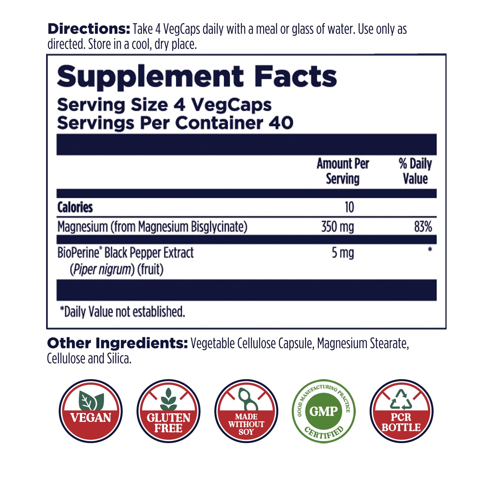 Close-up of label highlighting chelated magnesium glycinate and absorption.