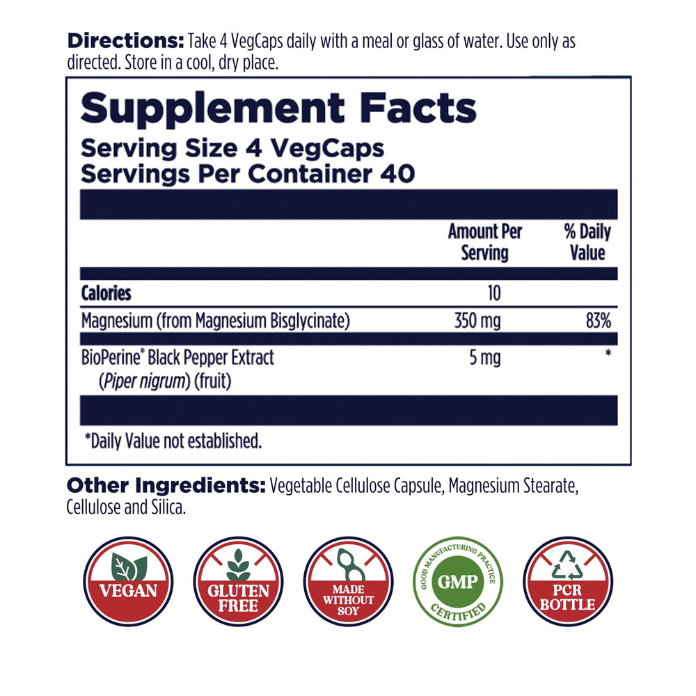 Close-up of label highlighting chelated magnesium glycinate and absorption.