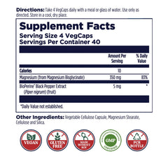 Close-up of label highlighting chelated magnesium glycinate and absorption.