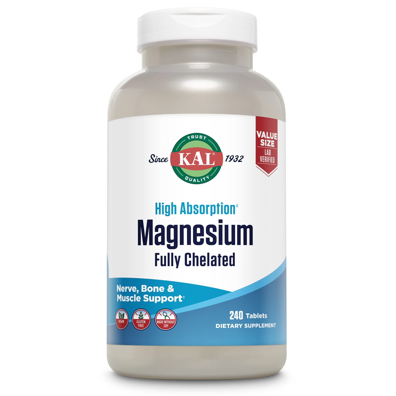 KAL Magnesium Glycinate tablets in value-size bottle for daily use
