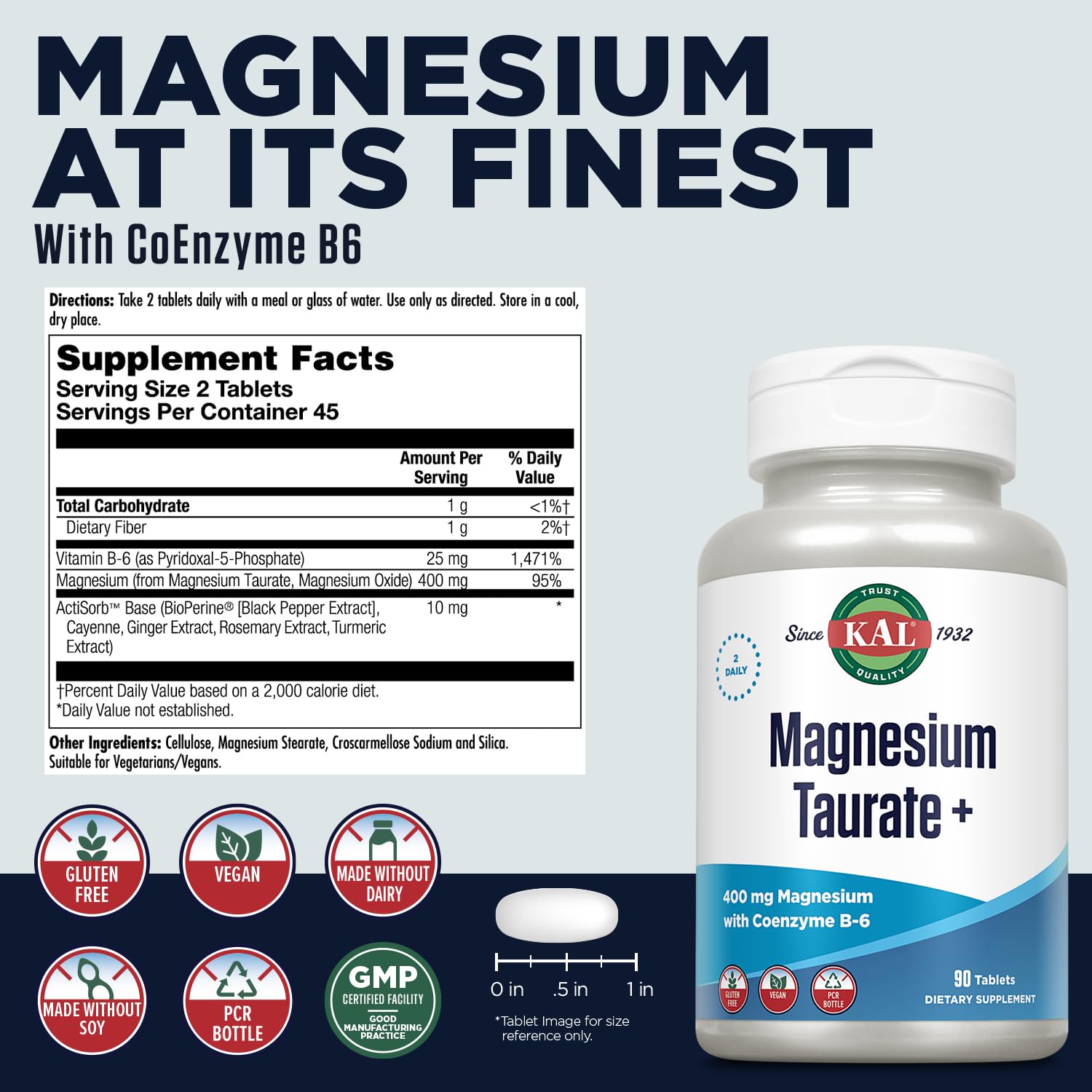 KAL Magnesium Taurate bottle pour demonstrates easy dosing with 400 mg + B6.