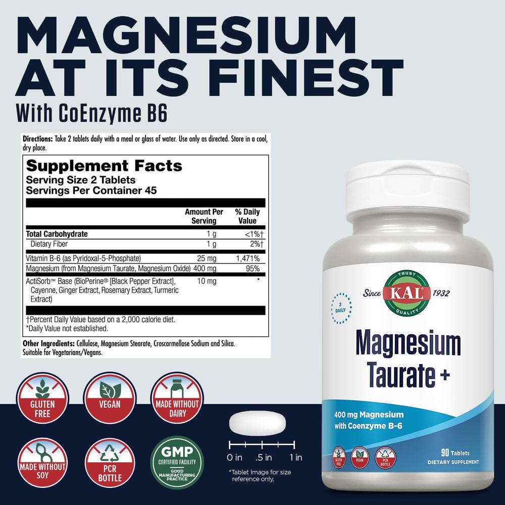 KAL Magnesium Taurate bottle pour demonstrates easy dosing with 400 mg + B6.