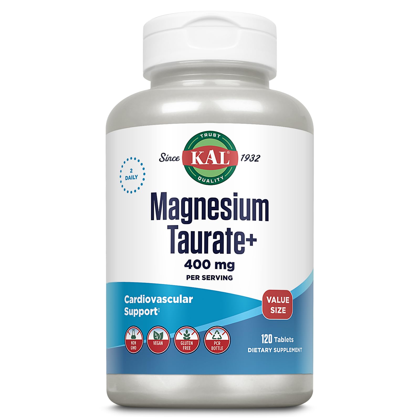 KAL Magnesium Taurate bottle with eco-friendly packaging for daily wellness.