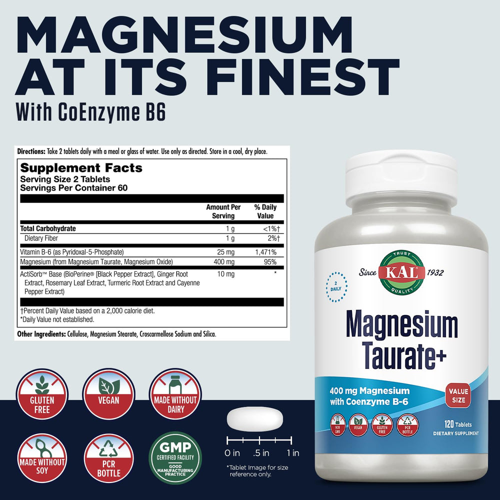 KAL Magnesium Taurate tablets close-up for daily muscle support.