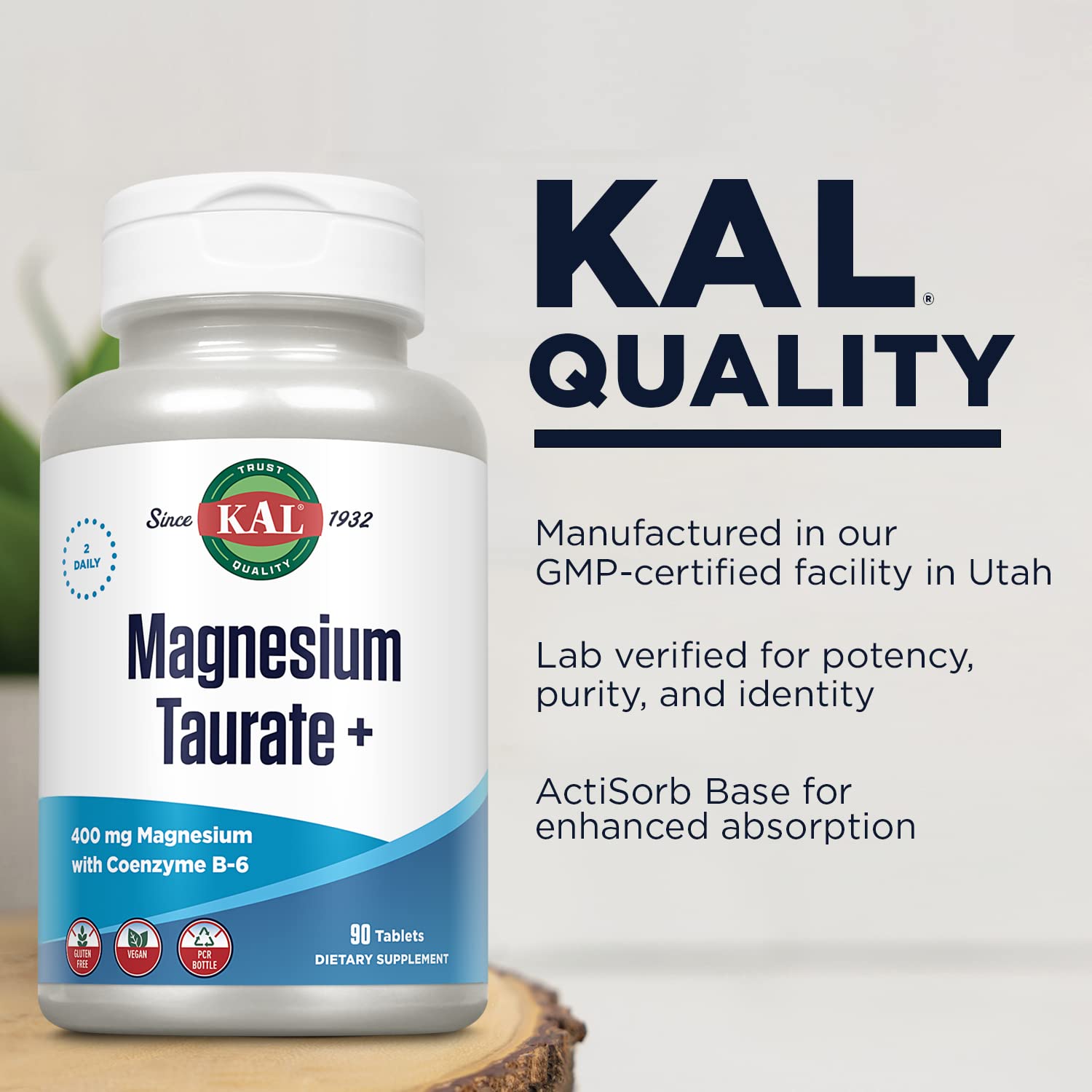 KAL Magnesium Taurate tablets in bottle for convenient daily intake.