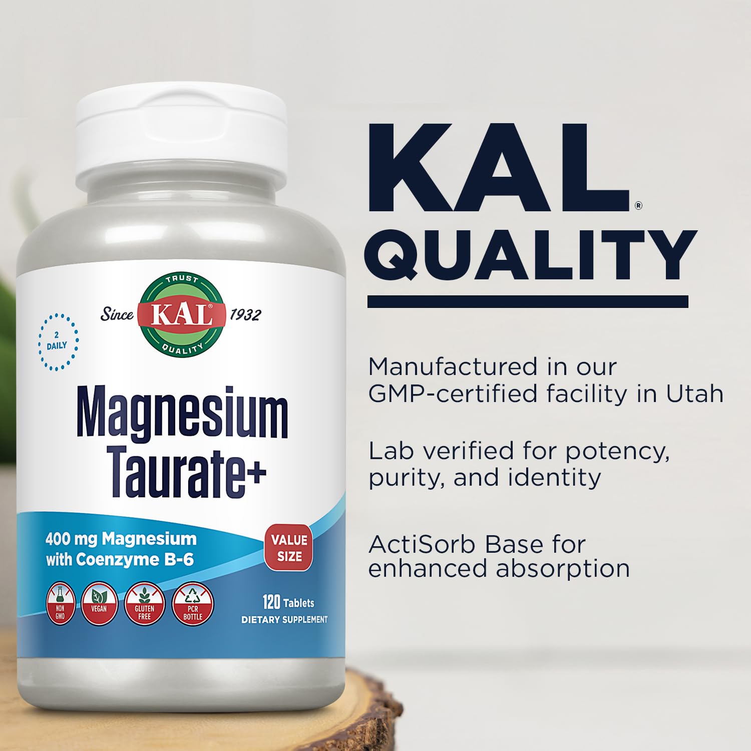 KAL Magnesium Taurate vegan symbol on packaging for plant-based use.