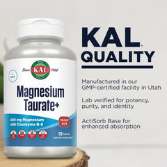 KAL Magnesium Taurate vegan symbol on packaging for plant-based use.