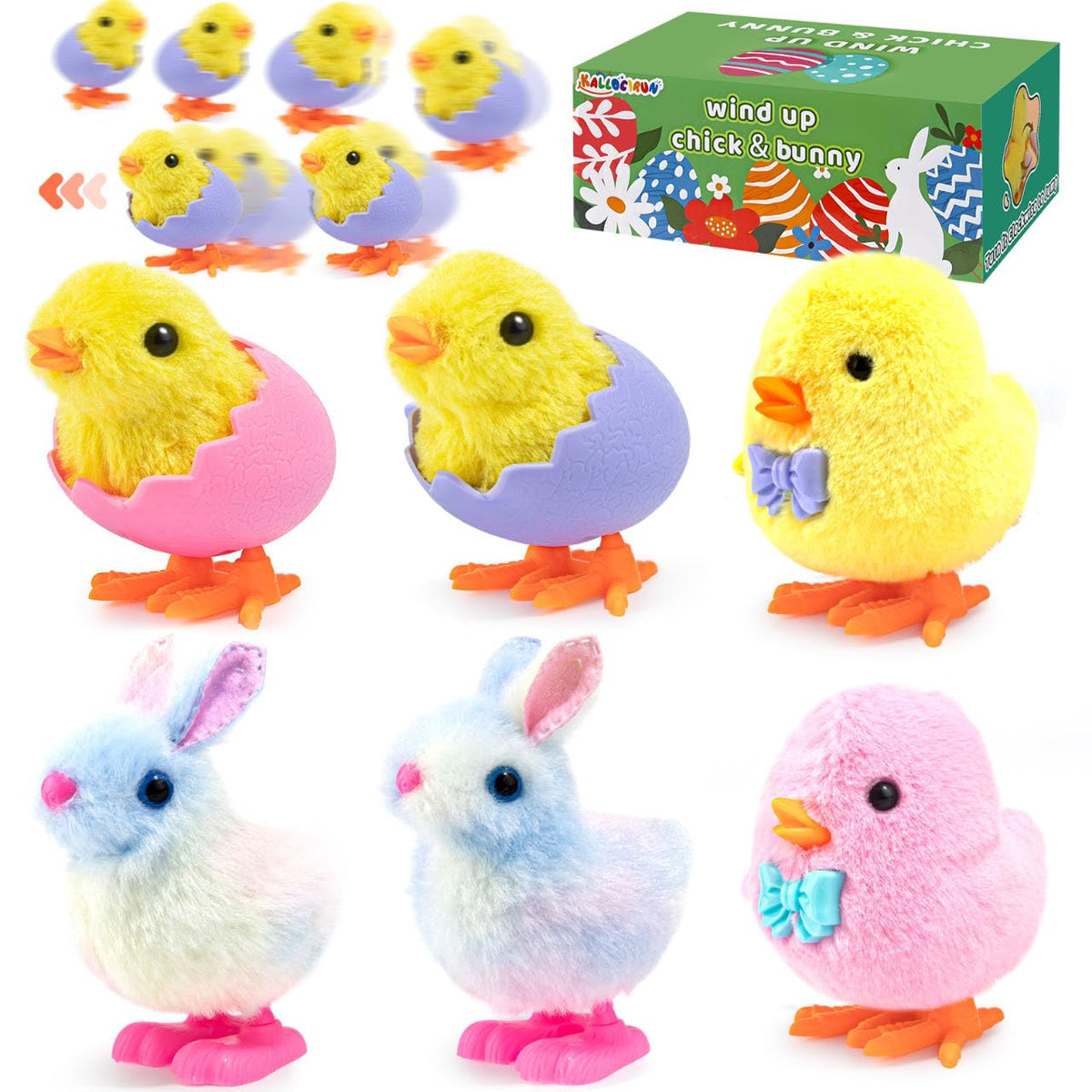 KALLOCIRUN wind-up chicks and bunnies pack in festive Easter colors for playful Easter baskets.