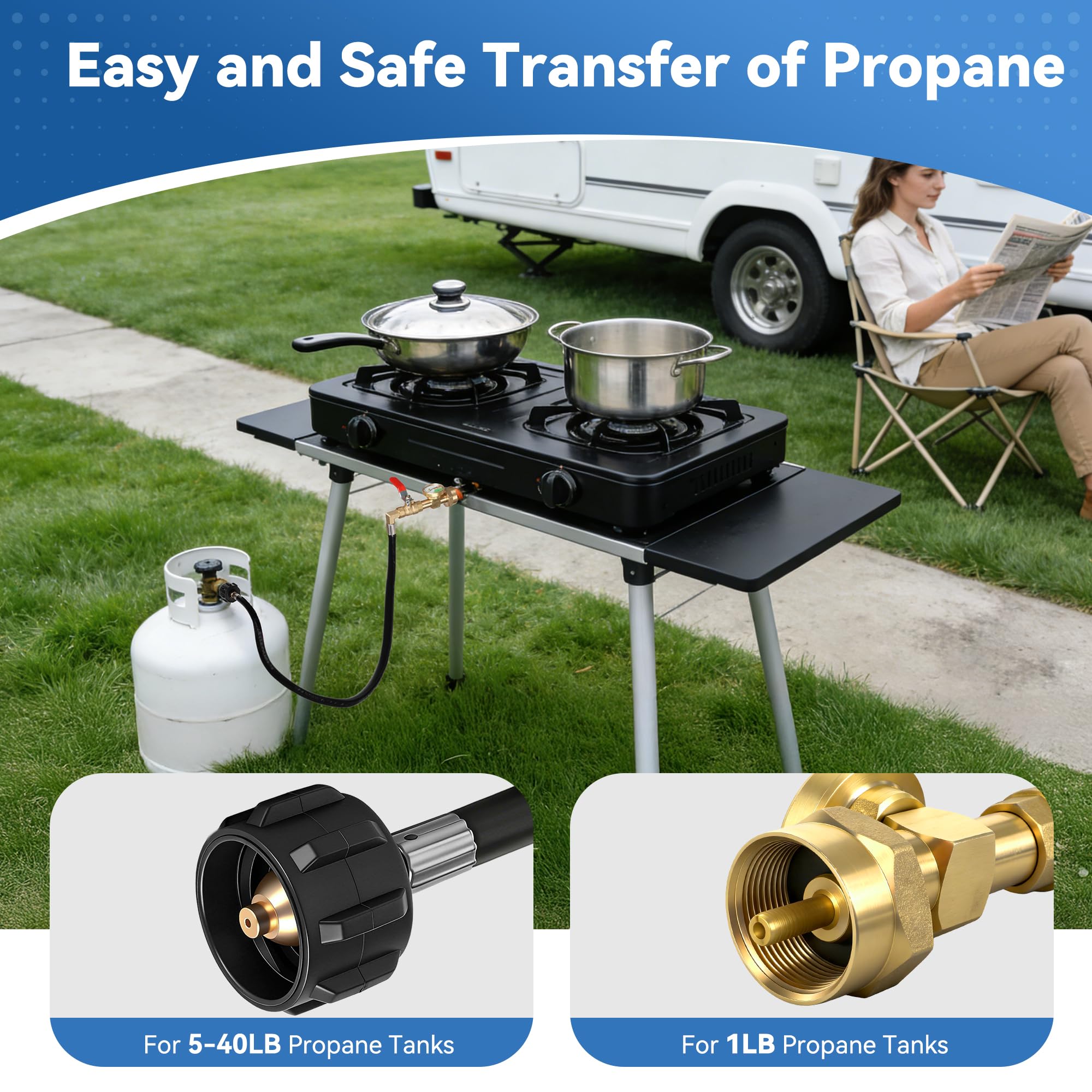 Kamnowal propane adapter with gauge to monitor pressure during refills.
