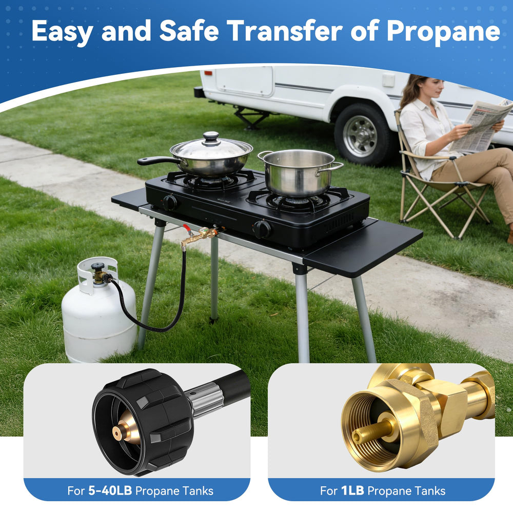 Kamnowal propane adapter with gauge to monitor pressure during refills.