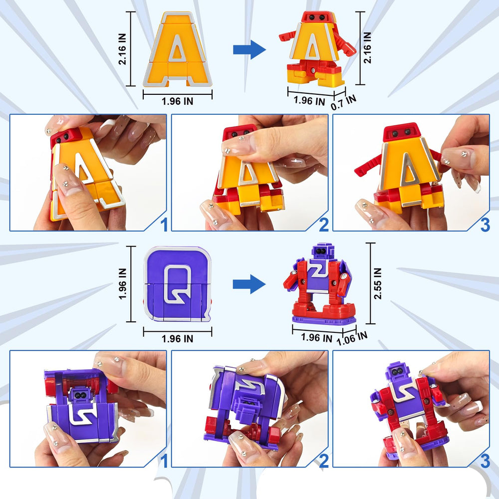 Three mega robots formed by letter clusters for extended challenges