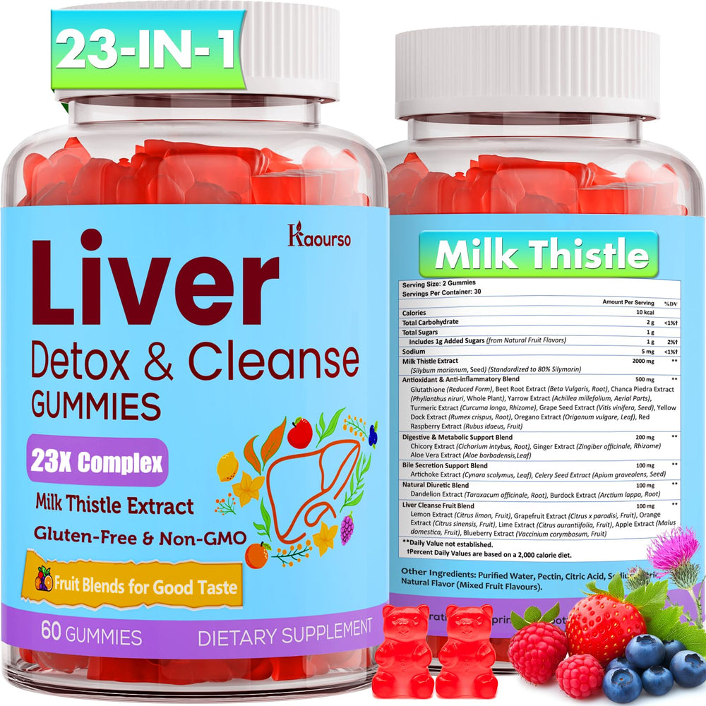 Kaourso Liver Detox Gummies closeup texture showcases chewy fruit texture for daily routine.
