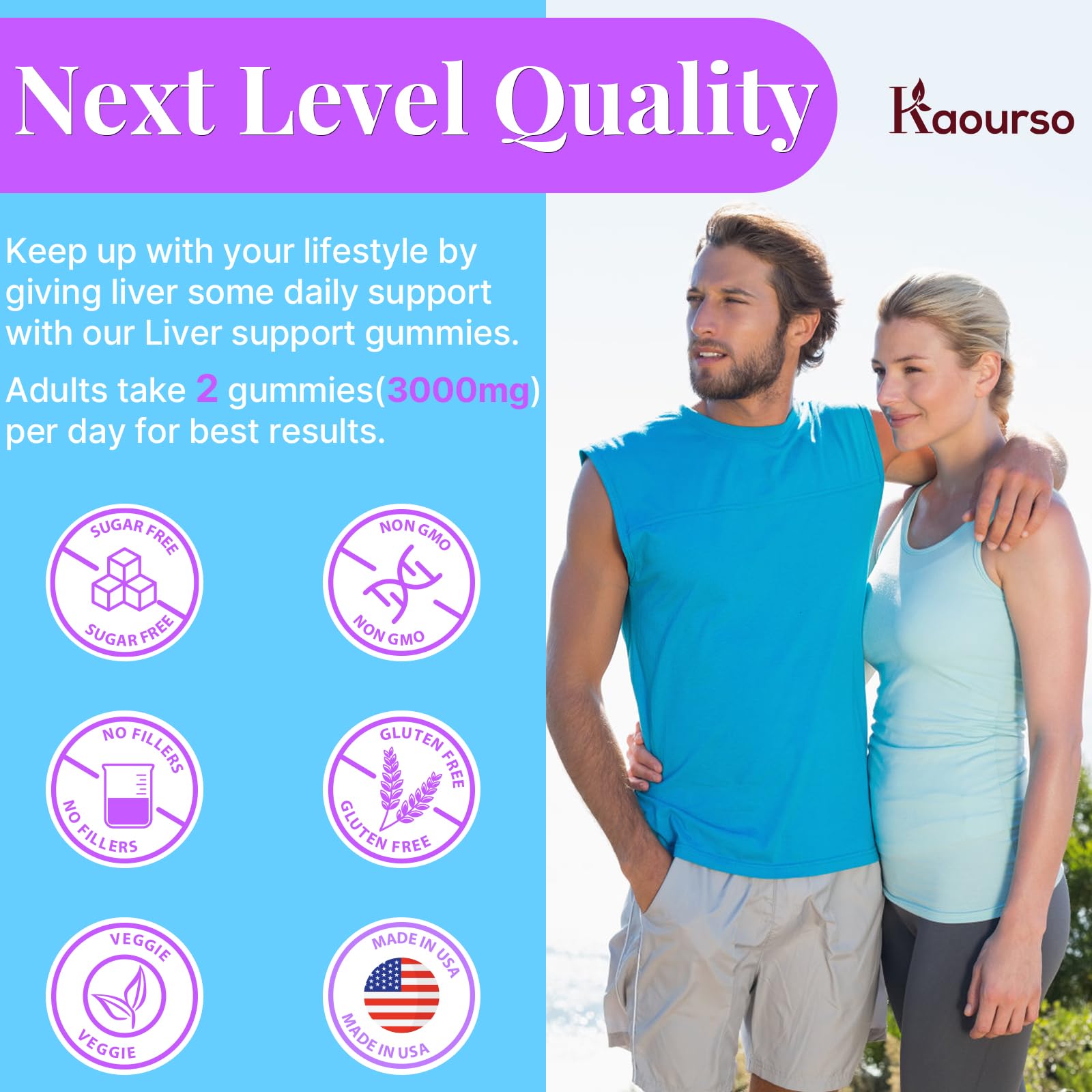 Kaourso Liver Detox Gummies with Milk Thistle visual emphasizes antioxidant-rich blend.
