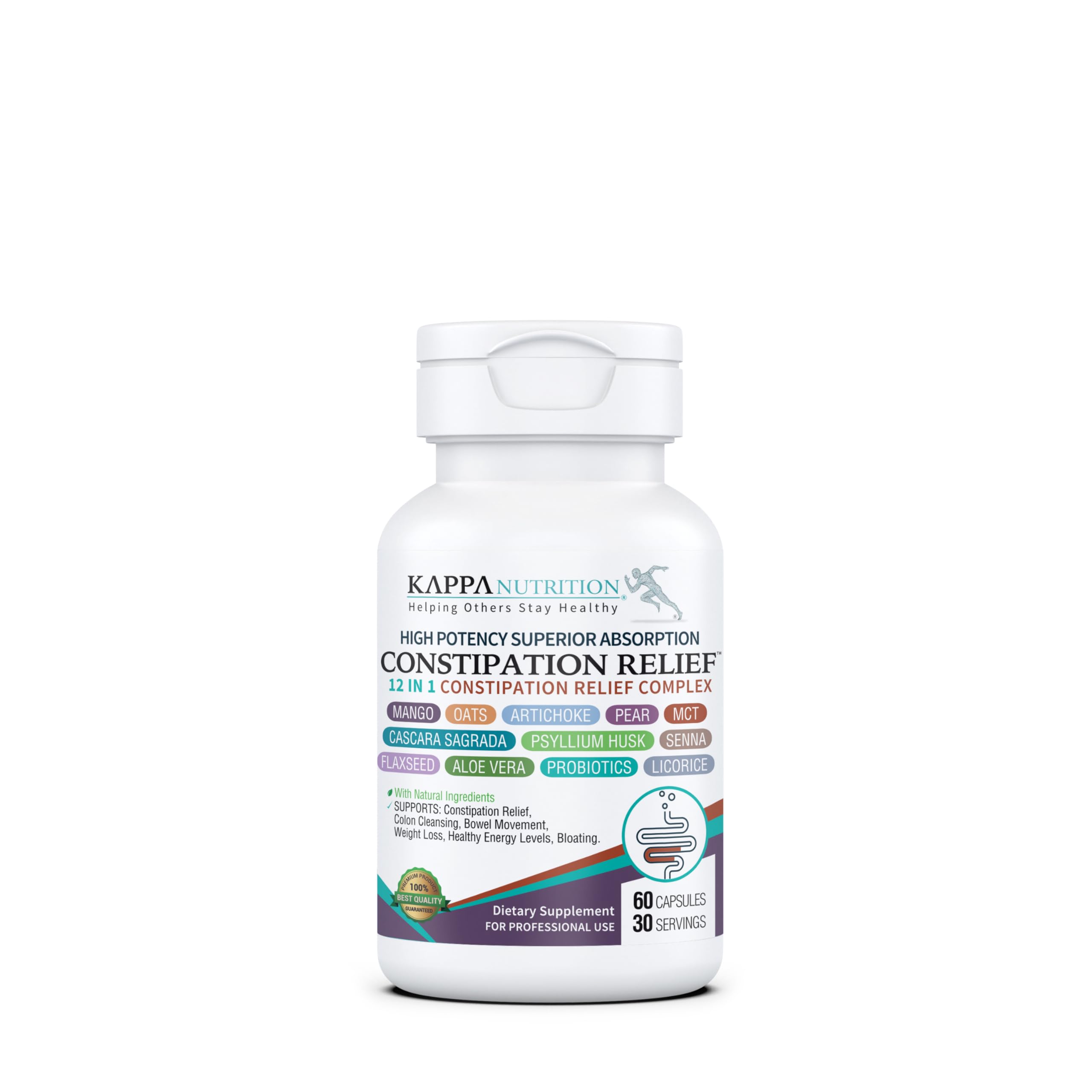 KAPPA NUTRITION Constipation Relief bottle shows a gentle, non-habit forming option for regularity.
