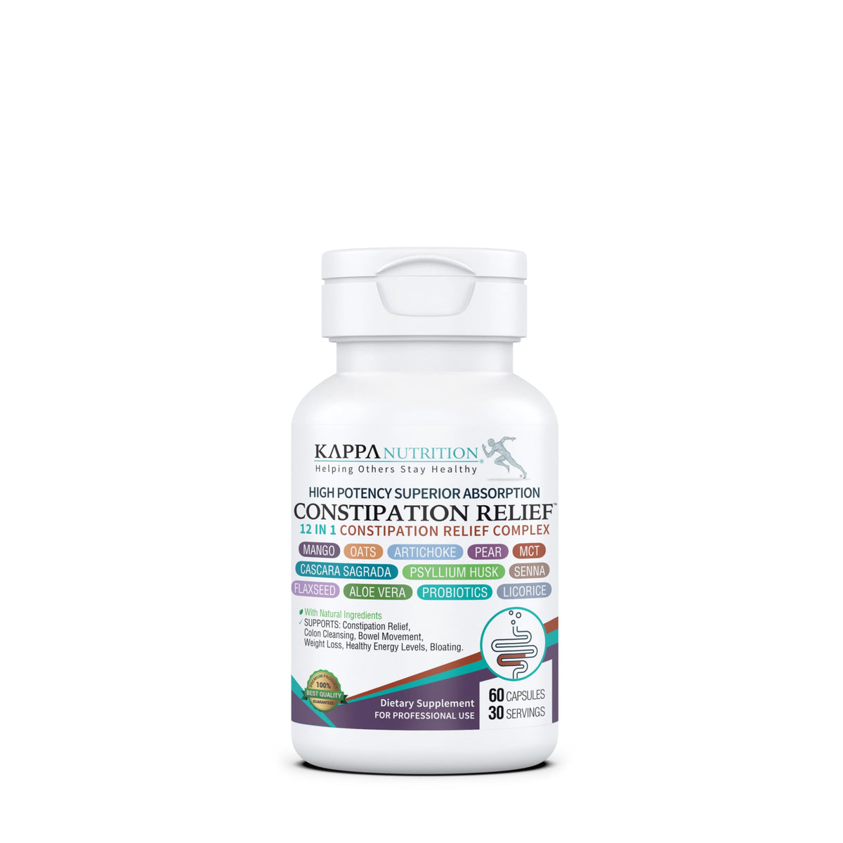 KAPPA NUTRITION Constipation Relief bottle shows a gentle, non-habit forming option for regularity.