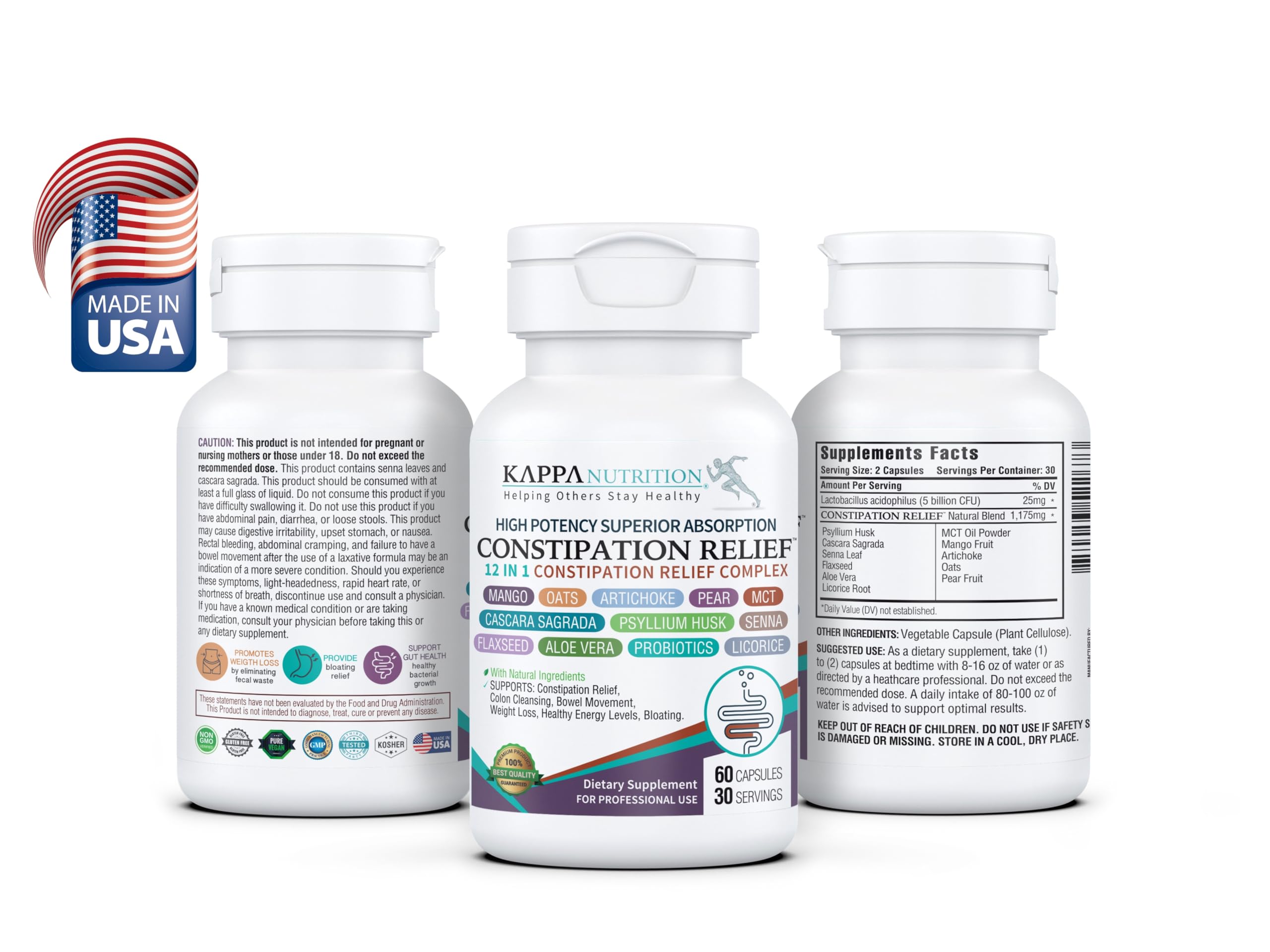 KAPPA NUTRITION capsules illustrate a 12-in-1 blend supporting digestive balance.