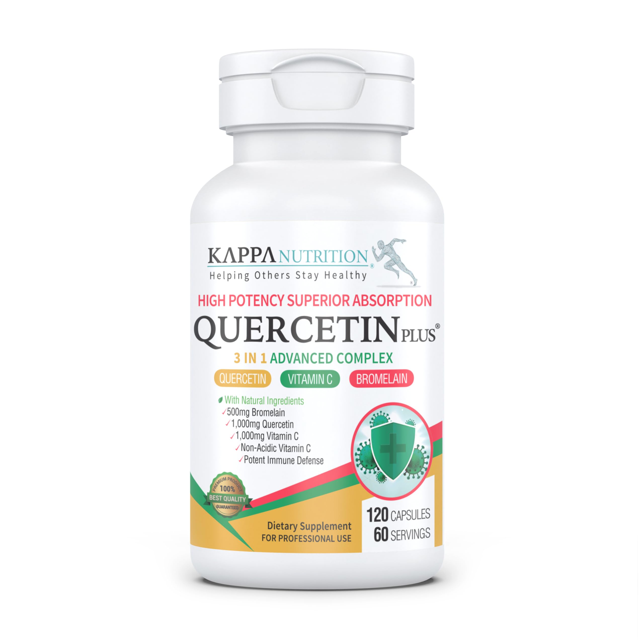 KAPPA NUTRITION Quercetin Plus bottle front showing the 3-in-1 formula and immune support potential