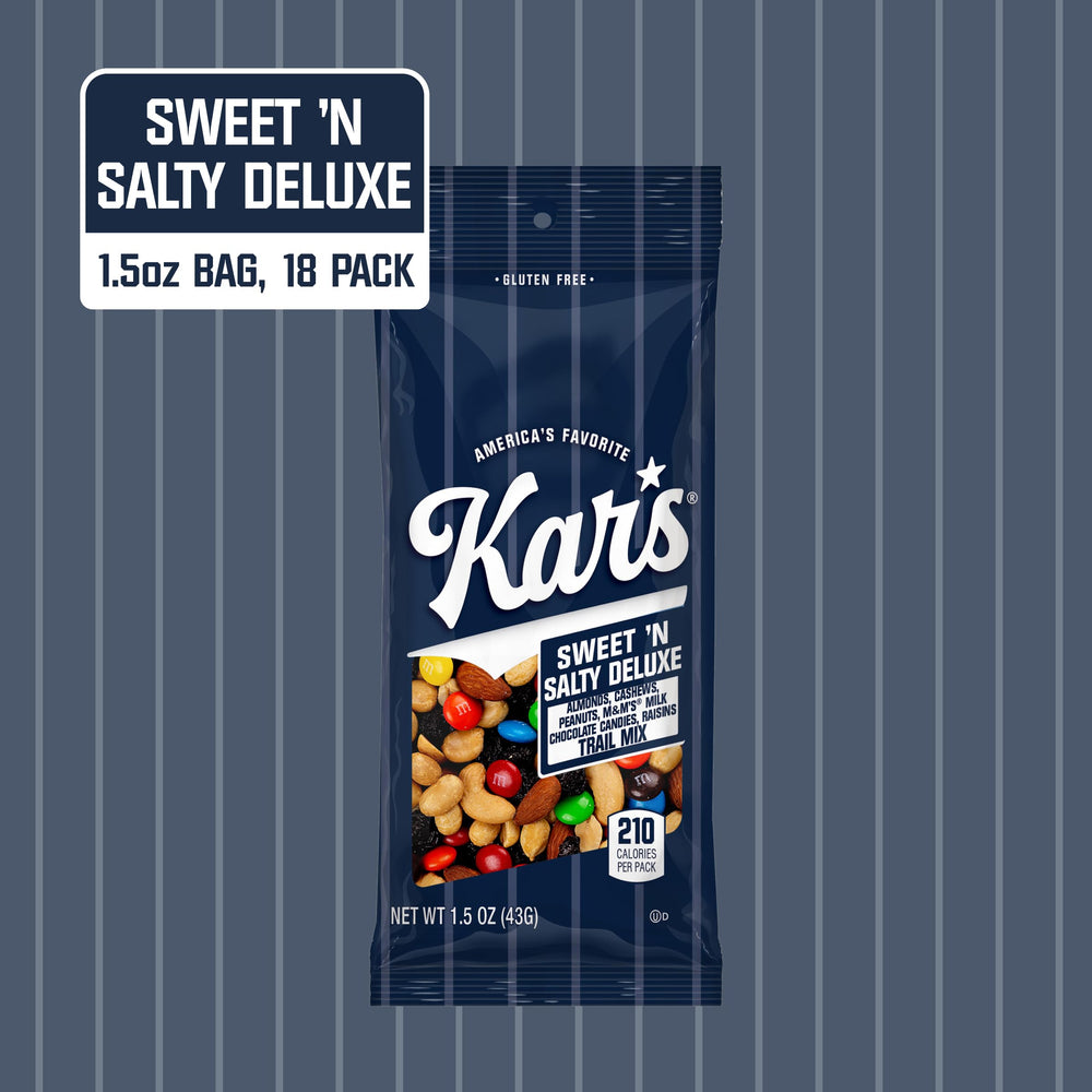 Kar's Nuts Sweet N Salty Deluxe Trail Mix 1.5 oz individual pack, easy for lunchboxes.