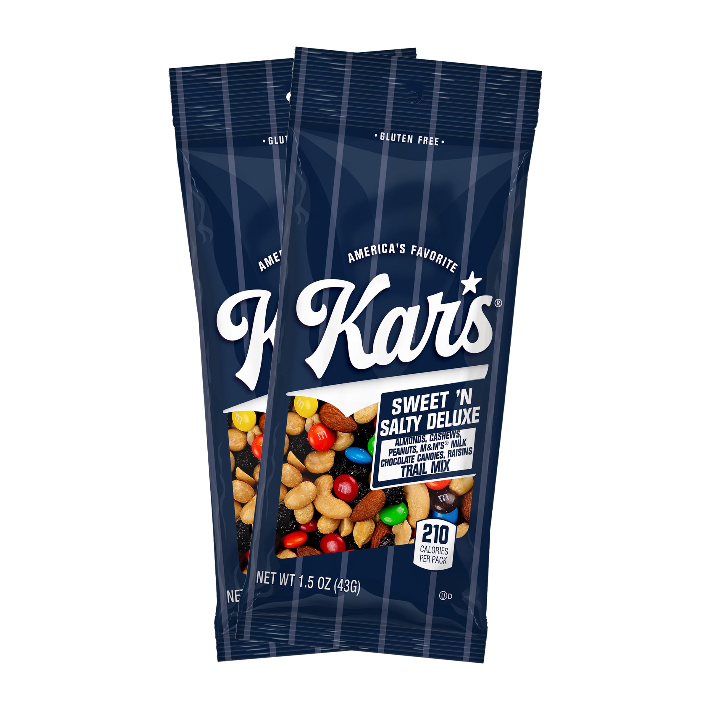 Kar's Nuts Sweet N Salty Deluxe Trail Mix bag with 1.5 oz serving for on-the-go snacking.