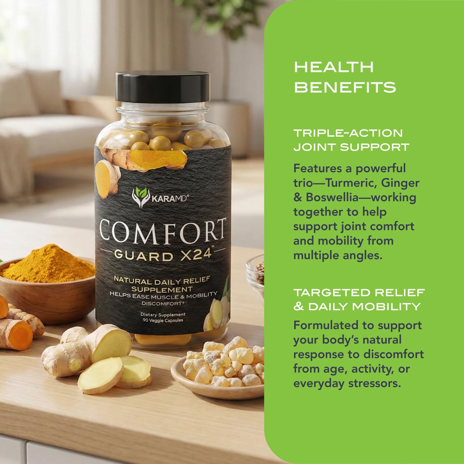 KaraMD Comfort Guard X24 ingredients label showing non-GMO, gluten-free, vegan-friendly formula.