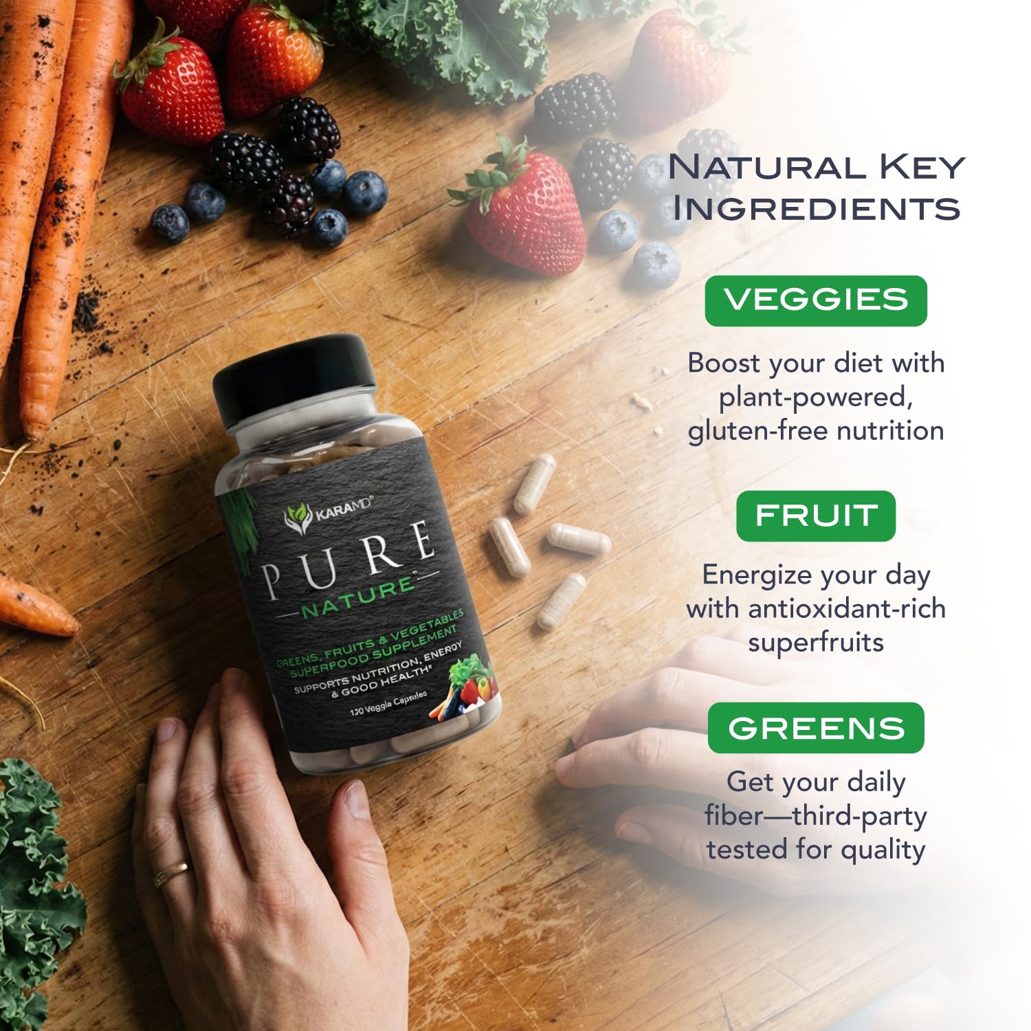KaraMD Pure Nature glass with smoothie showing energizing, digestive-friendly blend.
