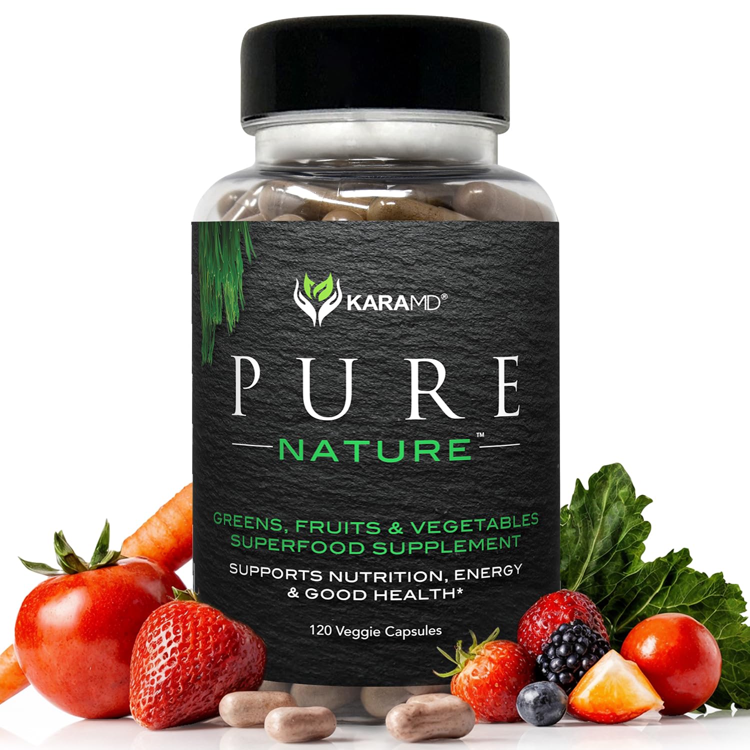 KaraMD Pure Nature greens and fruits powder bottle for daily energy support.