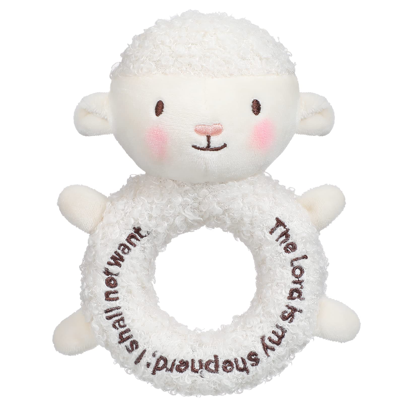 Karenhi lamb with embroidered eyes offers a cuddly, safe companion for babies.