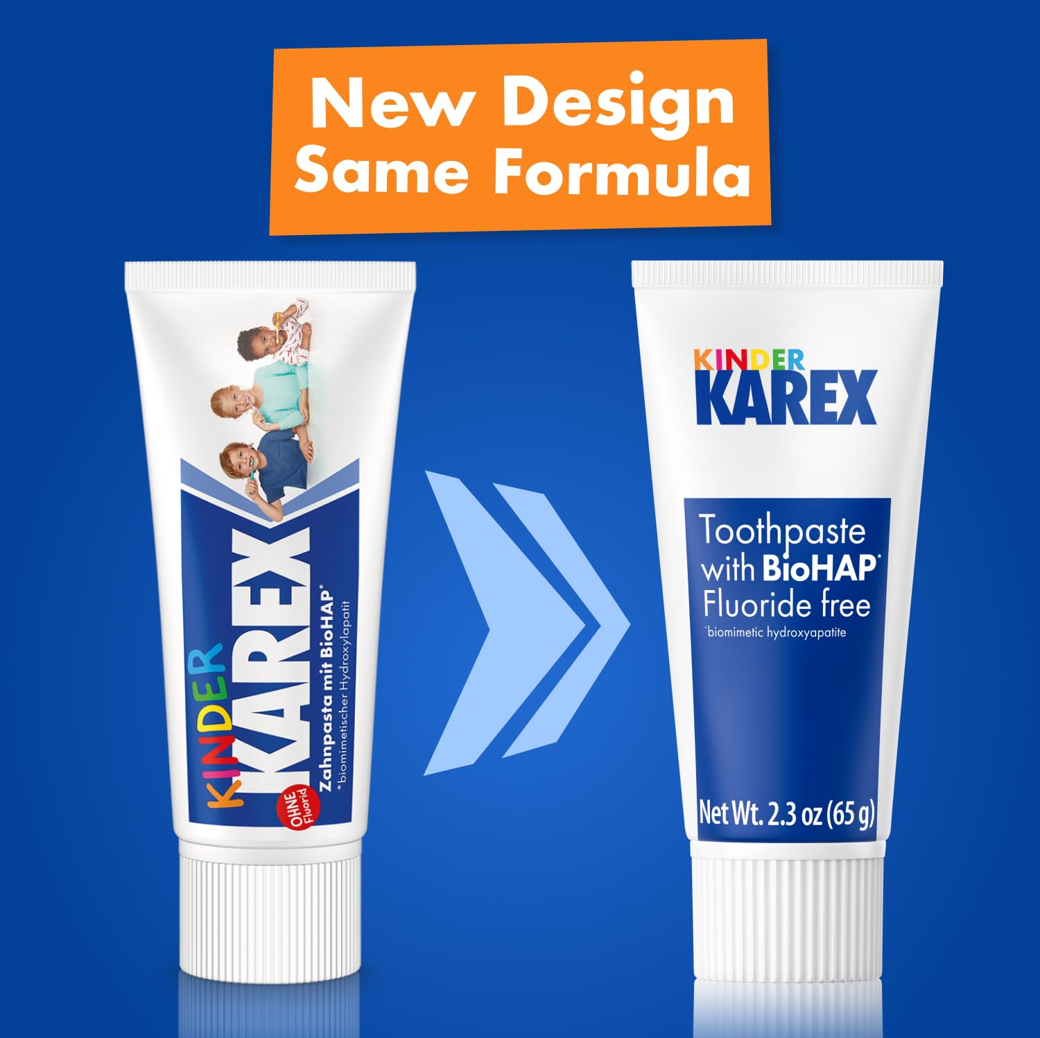 Child brushing with KAREX toothpaste, gentle taste encouraged.