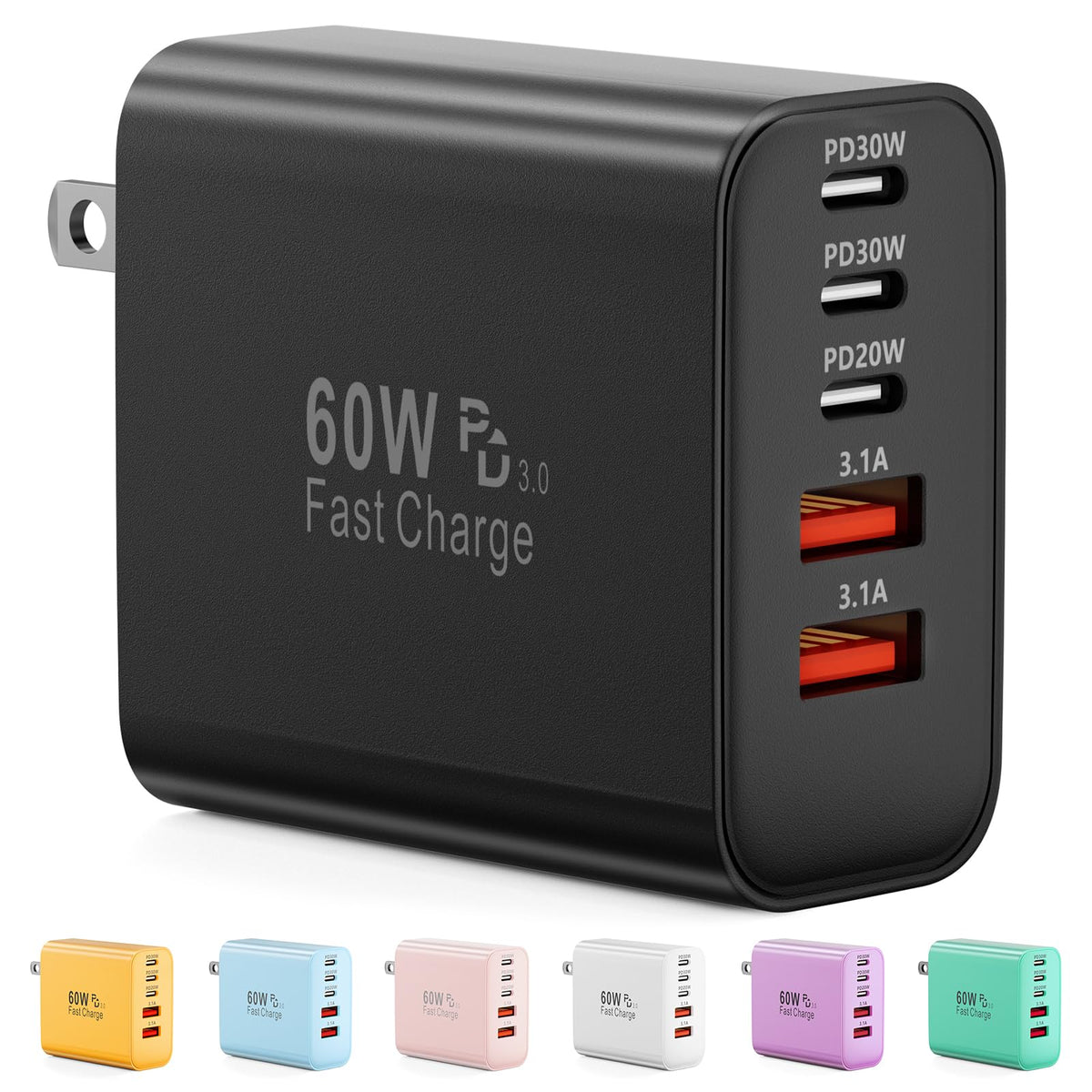 Karhood 60W 5-Port USB-C charger block, front view for multi-device charging.