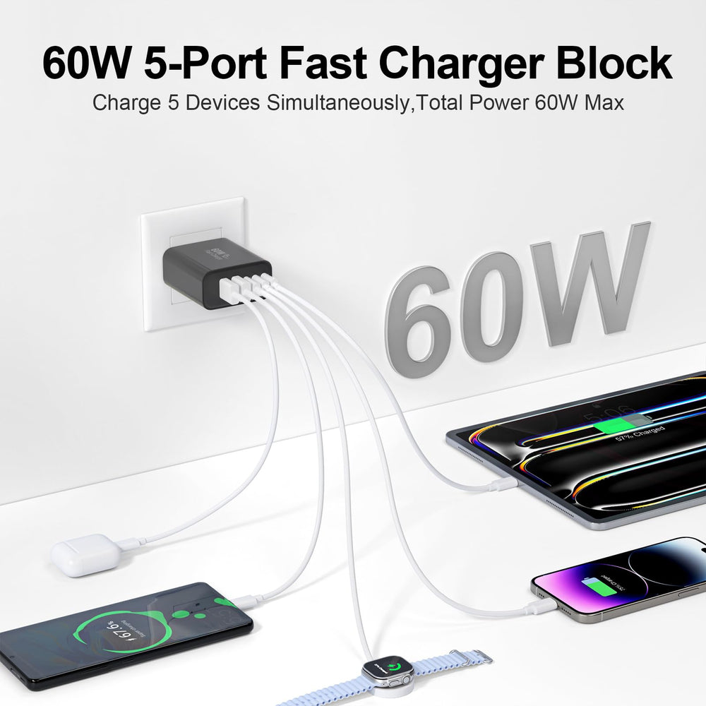 Port detail shows three USB-C and two USB-A ports for simultaneous charging.