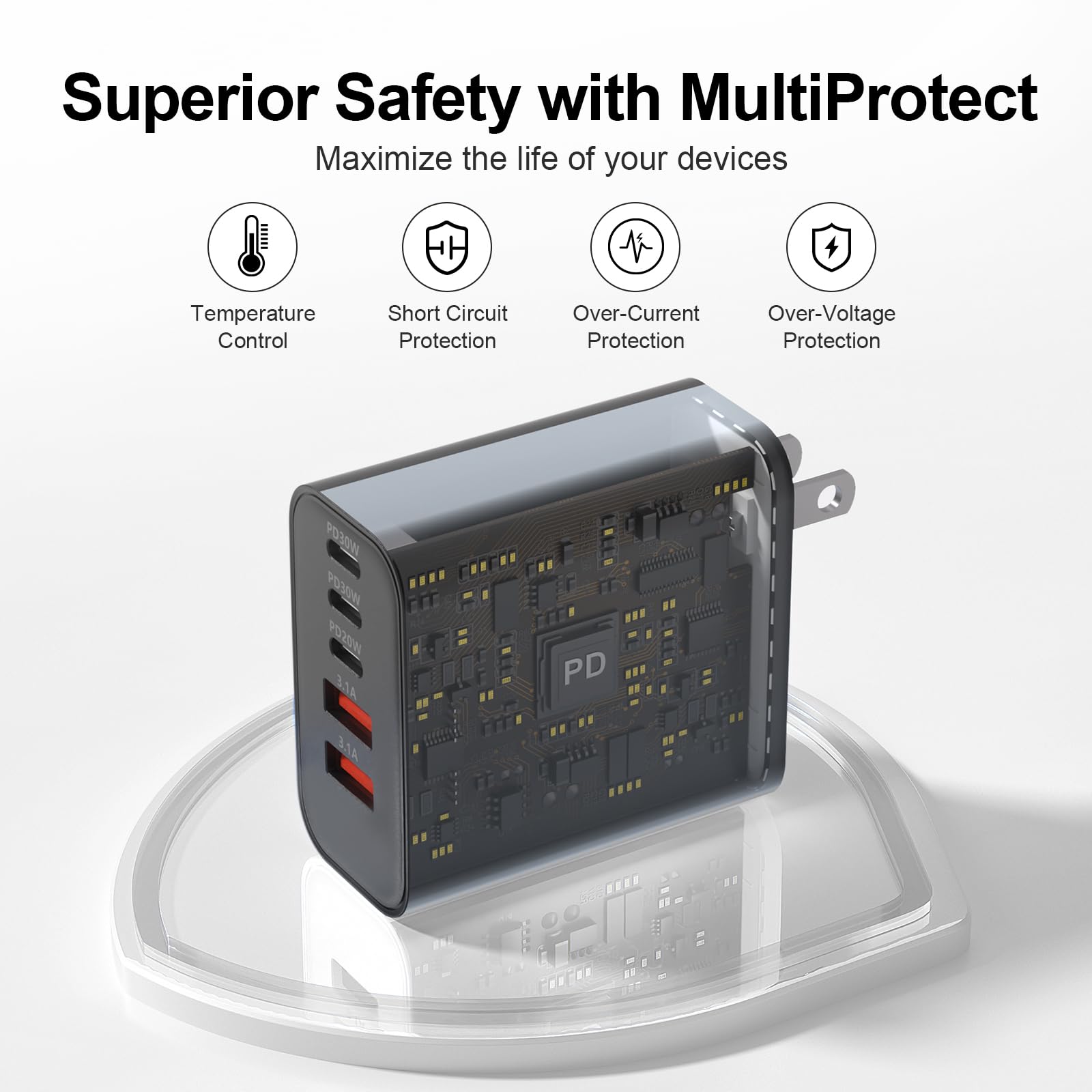 Side view highlights compact, space-saving charger design.