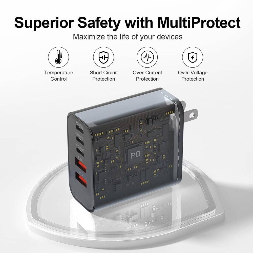 Side view highlights compact, space-saving charger design.