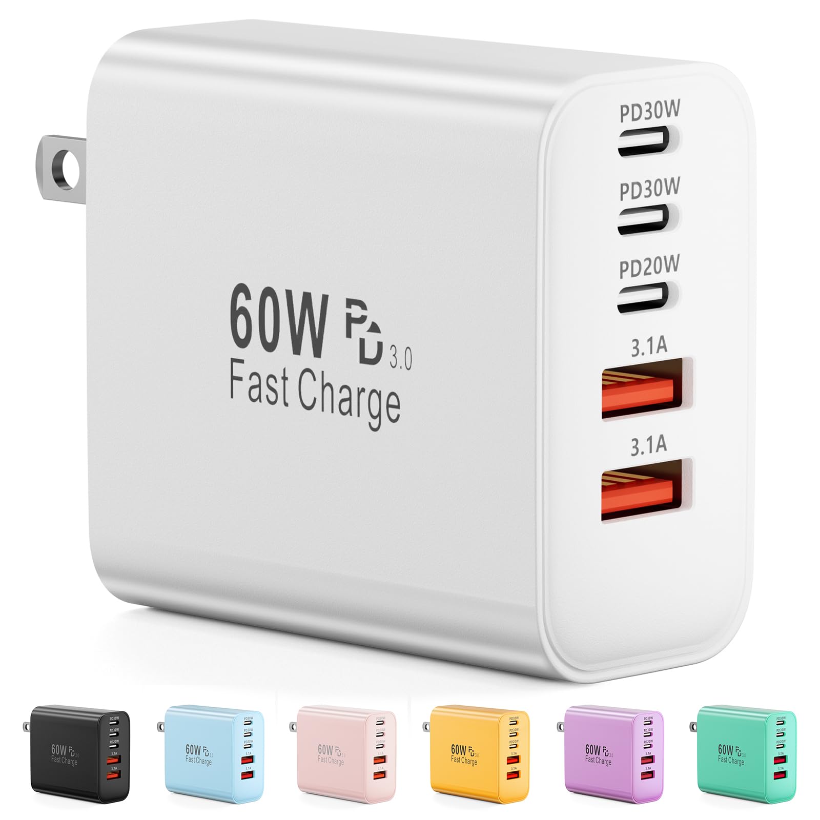 Karhood USB C charger block 60W 5-port front view for fast multi-device charging
