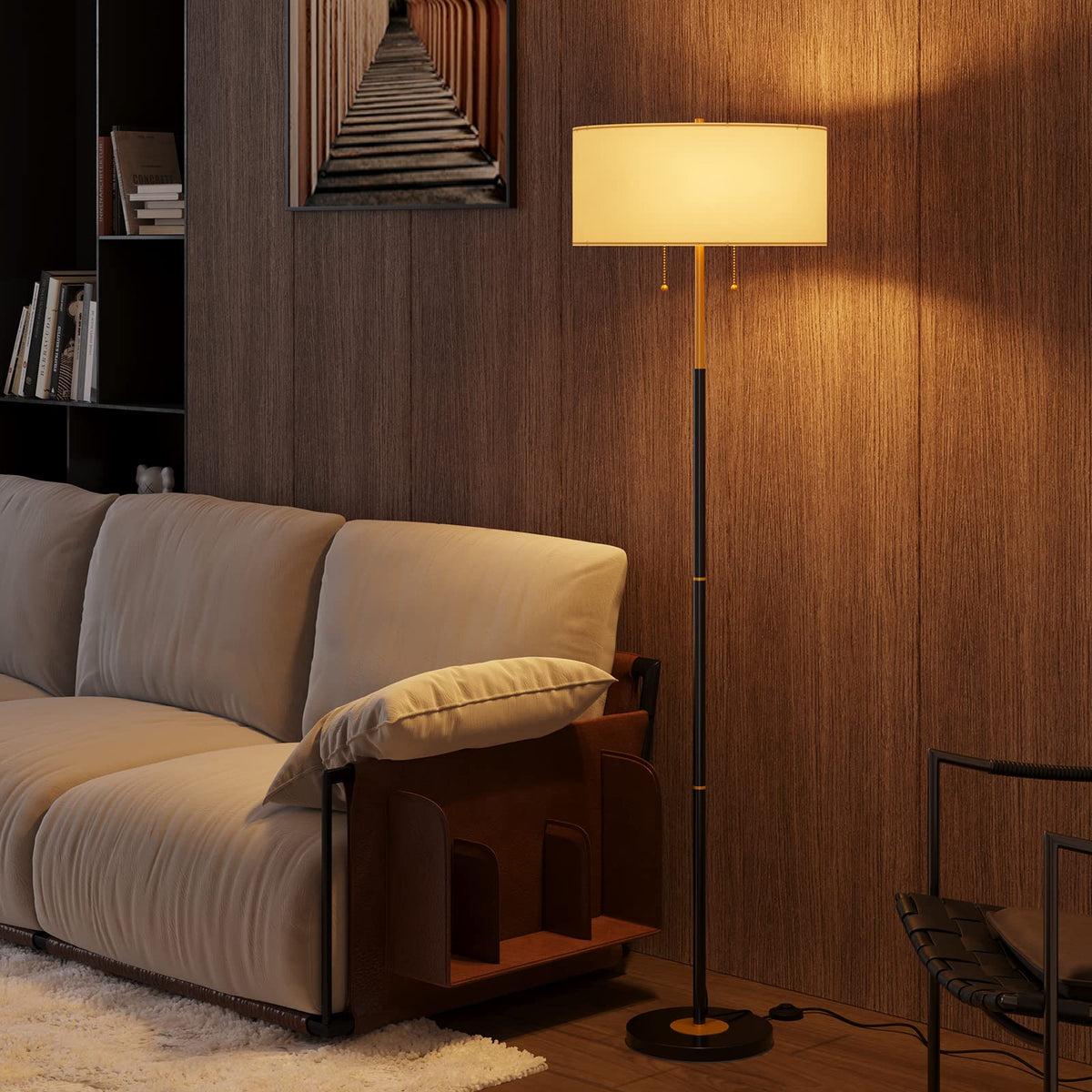 Karjoefar 2-light floor lamp with white shade for ambient living room light