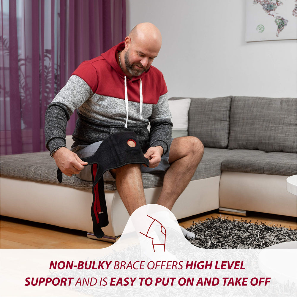 KARM plus size knee brace adjustment straps provide customizable support for a comfortable fit.